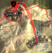 Image of crossbowmen on a hill firing at some unfortunate pikemen.